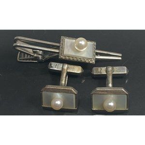 Mikimoto Cufflinks Akoya Pearl MOP Tie Bar Set Fine Tokyo Vintage Signed